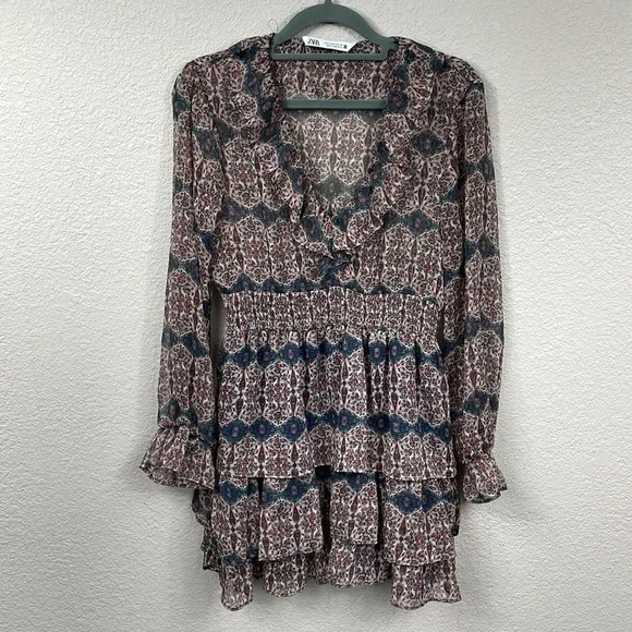 Zara V Neck Ruffle Trim Mini Dress Rust Geo Paisley Boho Cottagecore Sz S - Picture 4 of 14